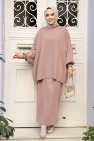 Modest Dusty Rose Knitwear Skirted Dual Suit 70071GK - 2