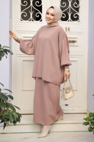 Modest Dusty Rose Knitwear Skirted Dual Suit 70071GK - 3