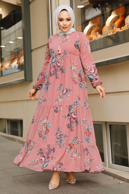 Modest Dusty Rose Long Floral Dress 22052GK - NEVA STYLE