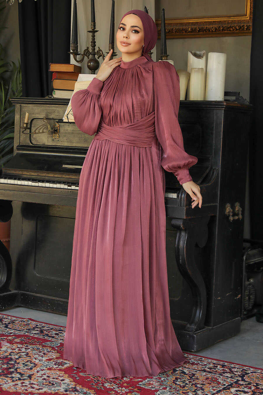 Modest Dusty Rose Long Sleeve Evening Dress 46221GK - Neva-style.com