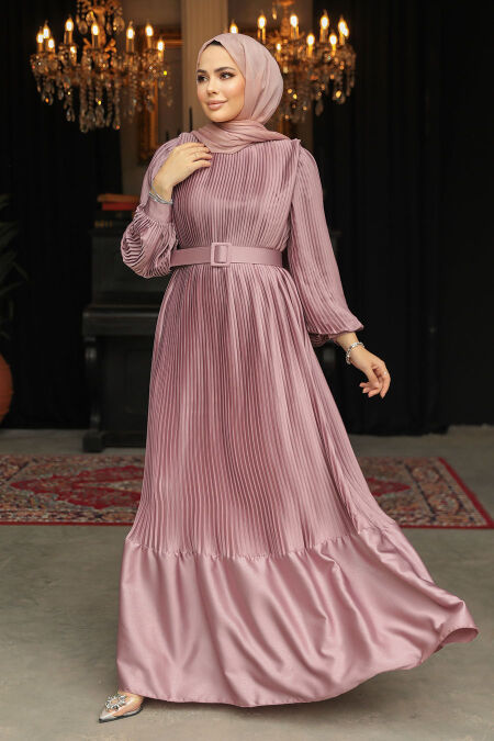 Modest Dusty Rose Pleated Maxi Dress 43532GK - NEVA STYLE