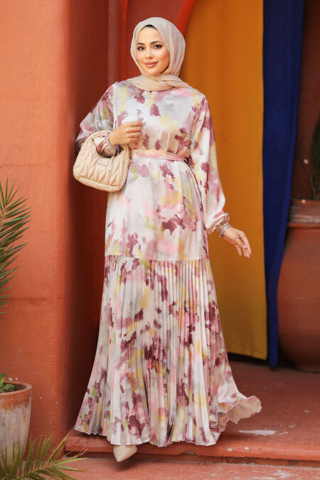 Modest Dusty Rose Pleated Maxi Dress 4539GK - NEVA STYLE