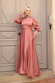 Modest Dusty Rose Satin Bridesmaid Dress 23242GK - 2