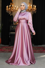 Modest Dusty Rose Satin Bridesmaid Dress 25880GK - 4