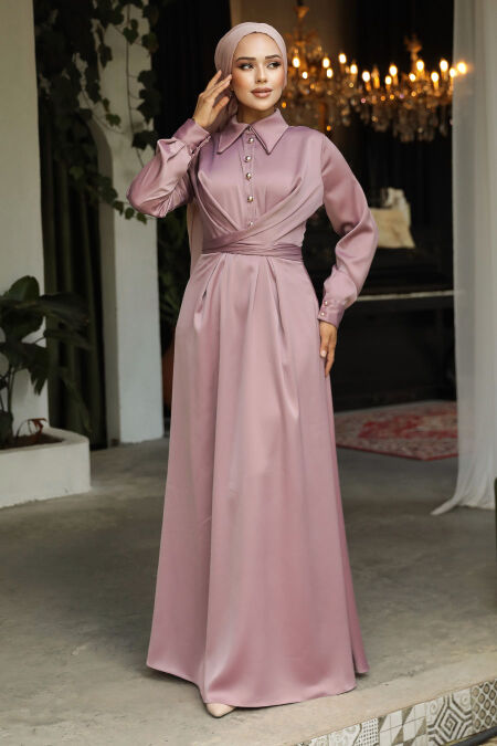 Modest Dusty Rose Satin Dress 45661GK - NEVA STYLE