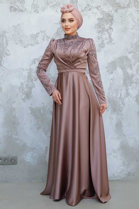 Modest Dusty Rose Satin Evening Dress 4433GK - NEVA STYLE
