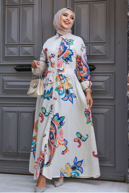 Modest Ecru Floral Dress 23441E - NEVA STYLE