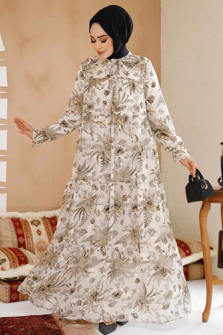 Modest Ecru Floral Dress 23603E - NEVA STYLE