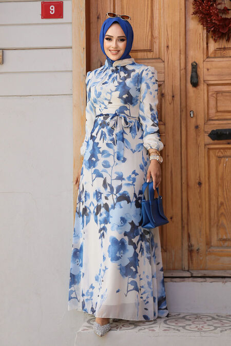 Modest Ecru Floral Dress 279328E - NEVA STYLE