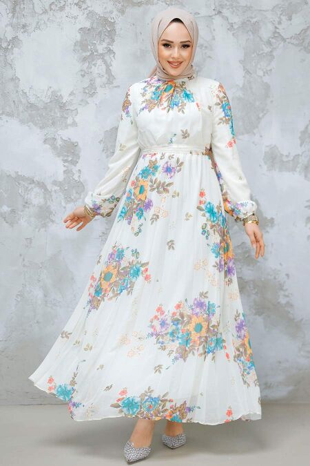 Modest Ecru Floral Dress 34468E - NEVA STYLE