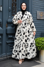 Modest Ecru Floral Long Dress 235804E - 3