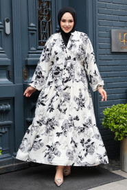 Modest Ecru Floral Long Dress 23589E - 1
