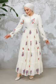 Modest Ecru Floral Long Dress 32815E - 3