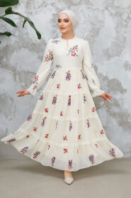 Modest Ecru Floral Long Dress 32815E 