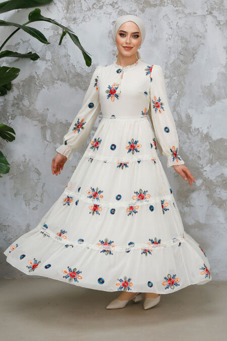 Modest Ecru Floral Long Dress 45541E - NEVA STYLE
