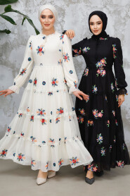 Modest Ecru Floral Long Dress 45541E - 5