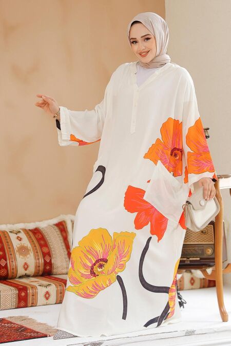 Modest Ecru Floral Long Sleeve Dress 183261E - NEVA STYLE