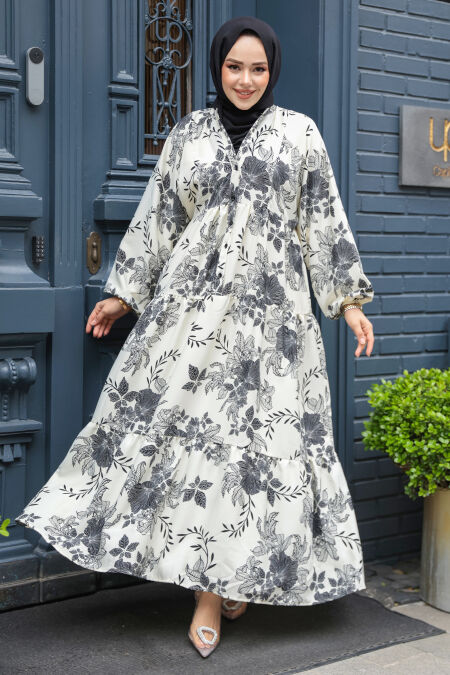  Modest Ecru Floral Maxi Dress 23588E - NEVA STYLE
