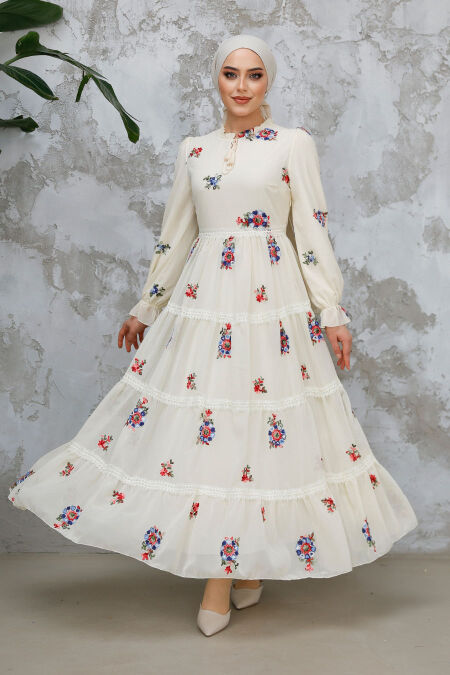 Modest Ecru Floral Maxi Dress 32816E - NEVA STYLE