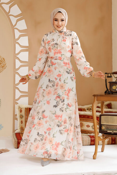 Modest Ecru Floral Plus Size Dress 27964E - NEVA STYLE