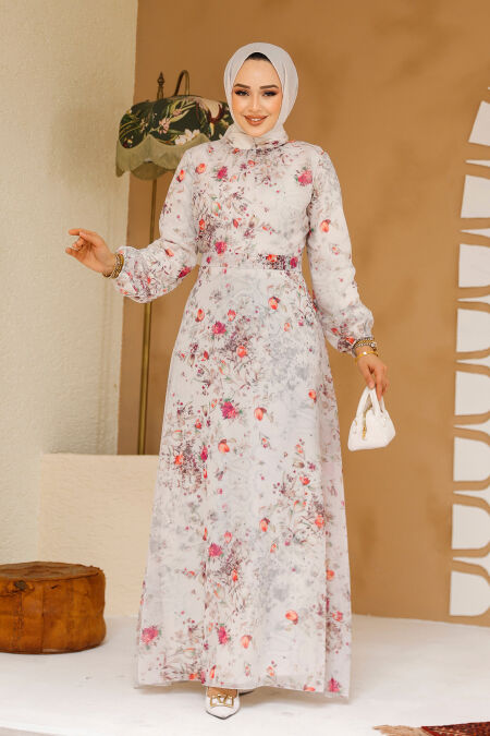 Modest Ecru Floral Plus Size Dress 27966E - NEVA STYLE