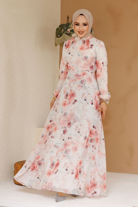 Modest Ecru Floral Plus Size Dress 27969E - NEVA STYLE