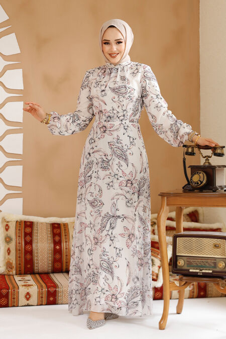 Modest Ecru Floral Plus Size Dress 27972E - NEVA STYLE