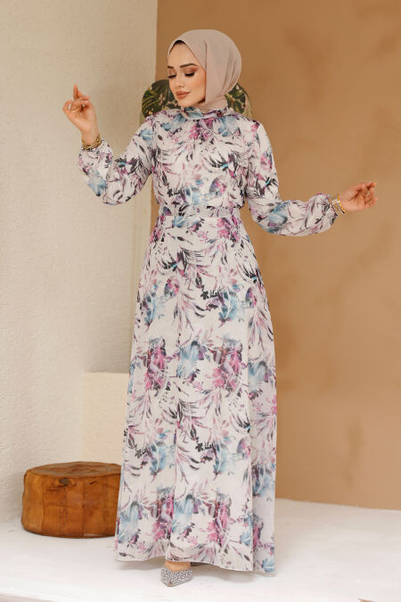 Modest Ecru Floral Plus Size Dress 27973E - NEVA STYLE