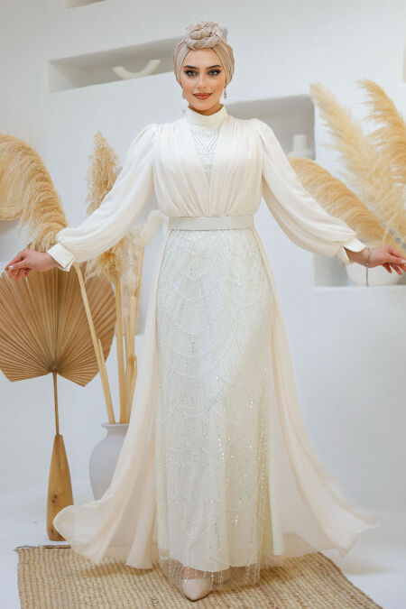 Modest Ecru Islamic Clothing Evening Dress 46301E - NEVA STYLE