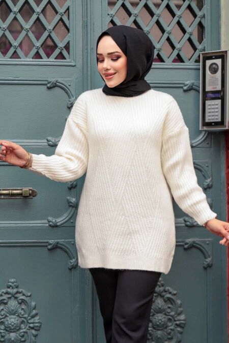 Modest Ecru Knitwear Tunic 7852E - NEVA STYLE