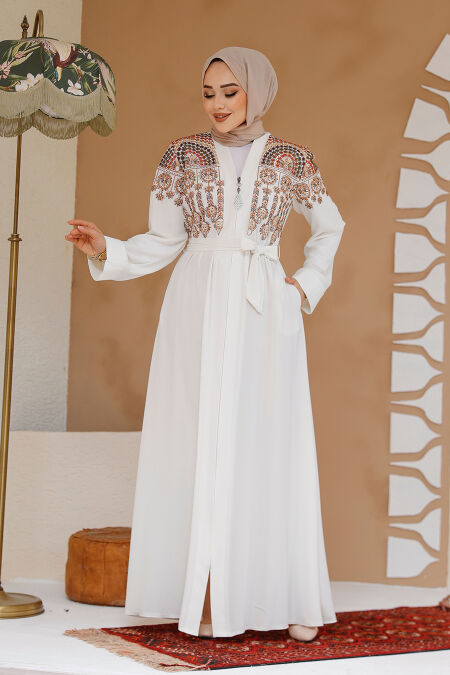 Modest Ecru Plus Size Dubai Abaya 25402E - NEVA STYLE