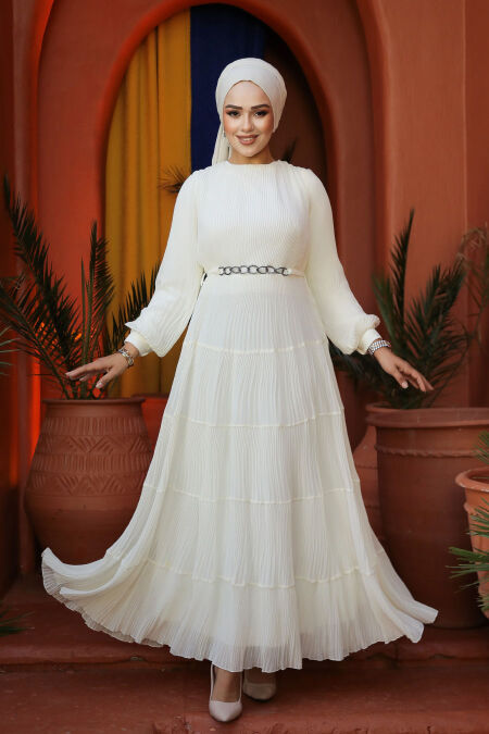 Modest Ecru Ruffle Dress 44761E - NEVA STYLE