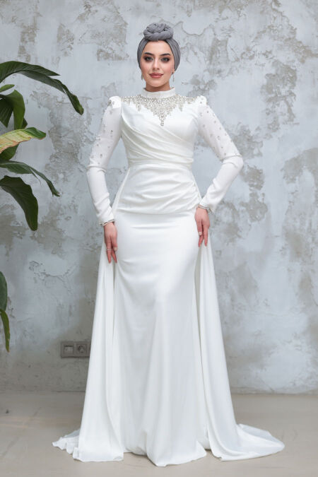 Modest Ecru Satin Engagement Gown 51312E - NEVA STYLE