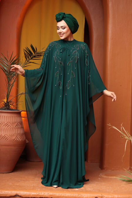 Modest Emerald Green Cape Evening Gown 25909ZY - NEVA STYLE