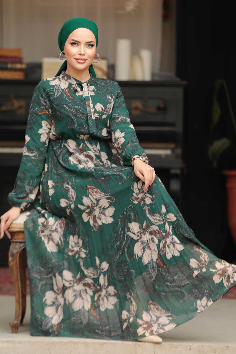 Green floral chiffon dress best sale