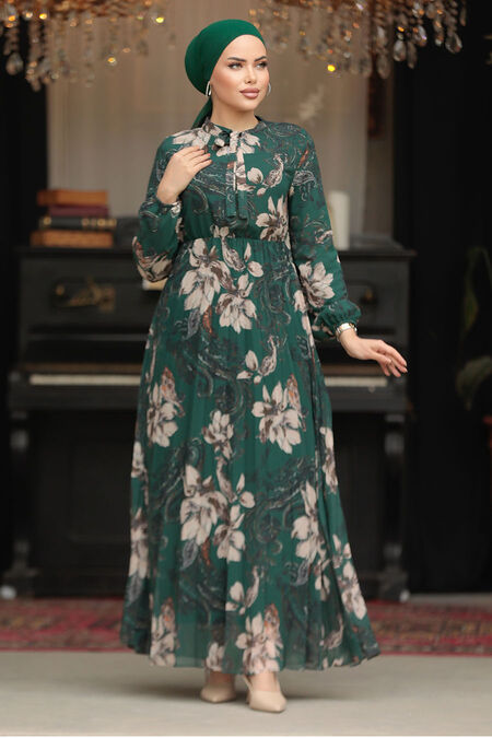 Modest Emerald Green Chiffon Floral Dresses 50355ZY