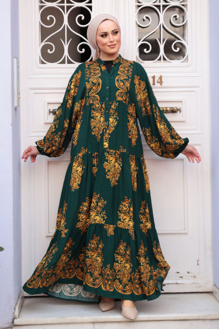 Modest Emerald Green Floral Long Dress 3035ZY - NEVA STYLE