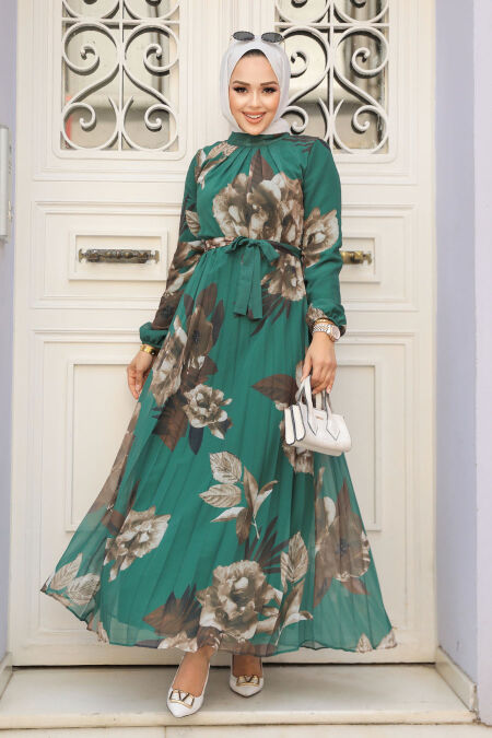 Modest Emerald Green Floral Maxi Dress 34466ZY - NEVA STYLE