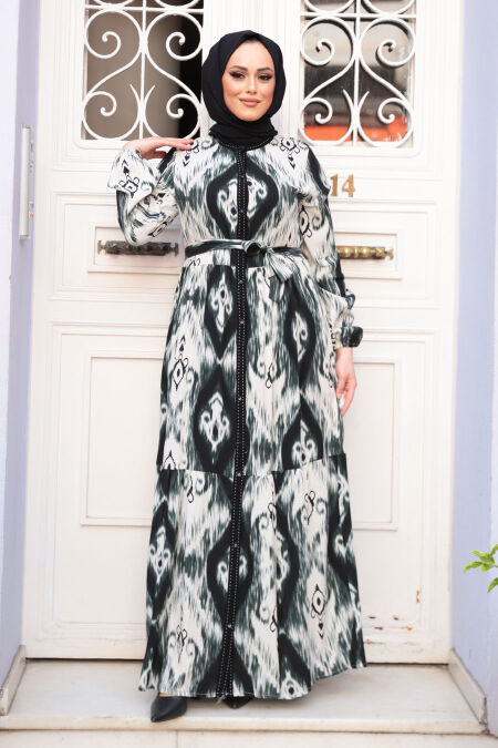  Modest Emerald Green Patterned Long Dress 23923ZY - NEVA STYLE