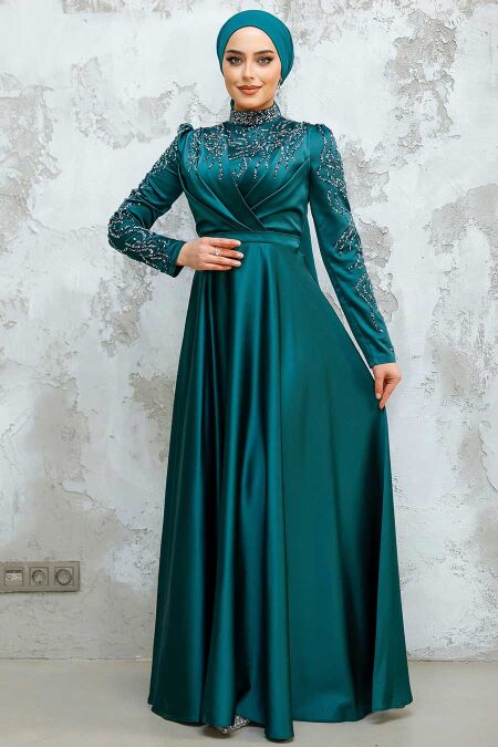 Modest Emerald Green Satin Evening Dress 4433ZY - NEVA STYLE