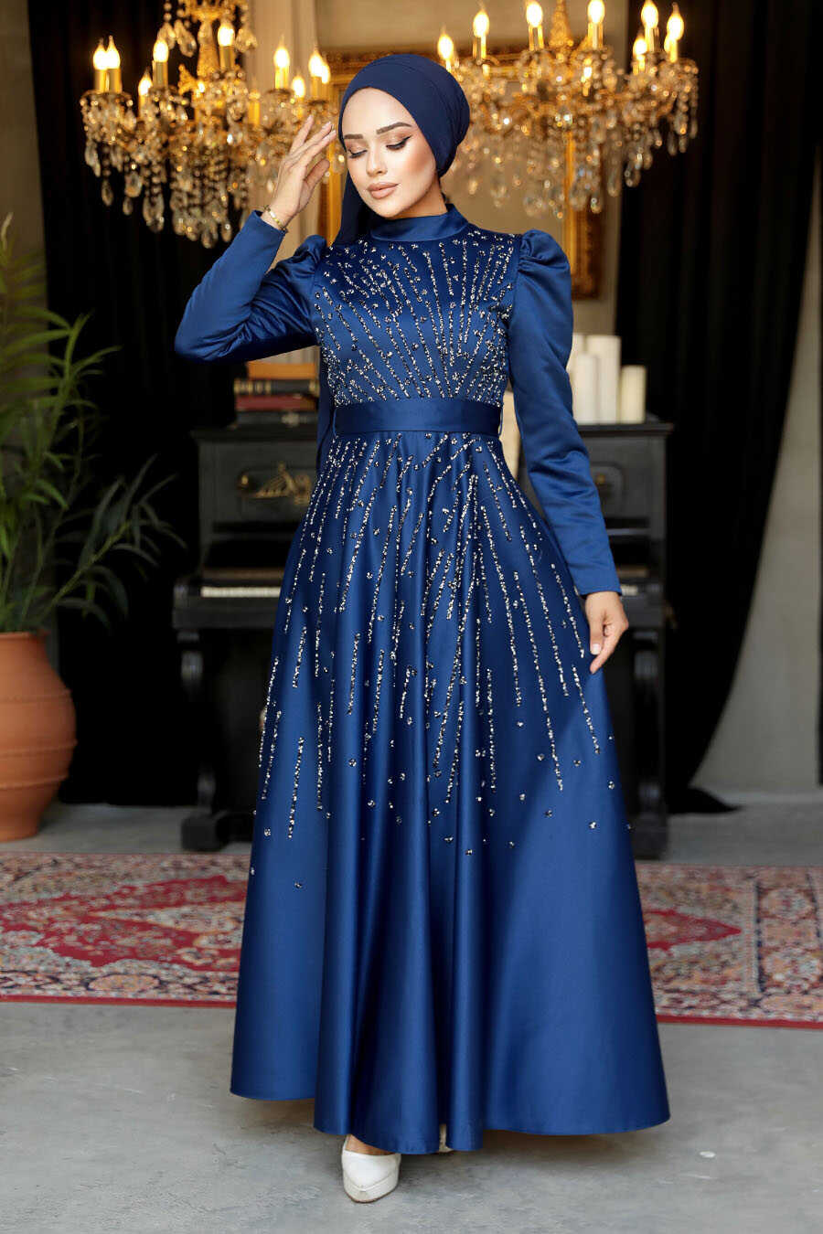 Modest Navy Blue Plus Size Dress 52081L - Neva-style.com