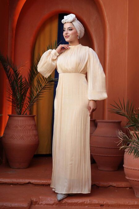 Modest Evening Dress - Balloon Sleeve Beige Modest Evening Dress 62312BEJ - NEVA STYLE
