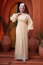 Modest Evening Dress - Balloon Sleeve Beige Modest Evening Dress 62312BEJ - 3