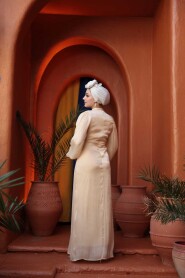 Modest Evening Dress - Balloon Sleeve Beige Modest Evening Dress 62312BEJ - 4