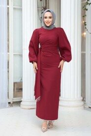 Modest Evening Dress - Balloon Sleeve Burgundy Modest Evening Dress 62251BR - 1