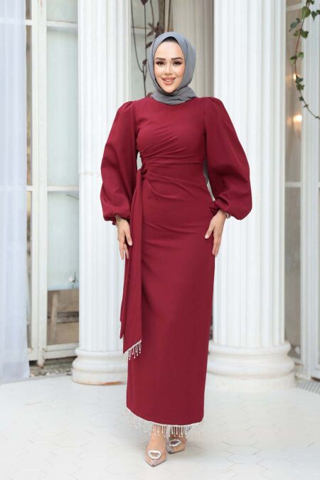 Modest Evening Dress - Balloon Sleeve Burgundy Modest Evening Dress 62251BR - NEVA STYLE