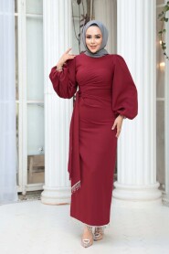 Modest Evening Dress - Balloon Sleeve Burgundy Modest Evening Dress 62251BR - 3