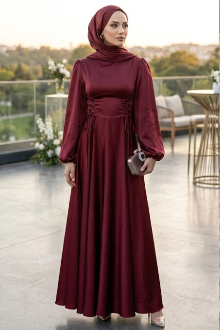 Modest Evening Dress - Balloon Sleeve Burgundy Satin Modest Evening Dress 61501BR - 