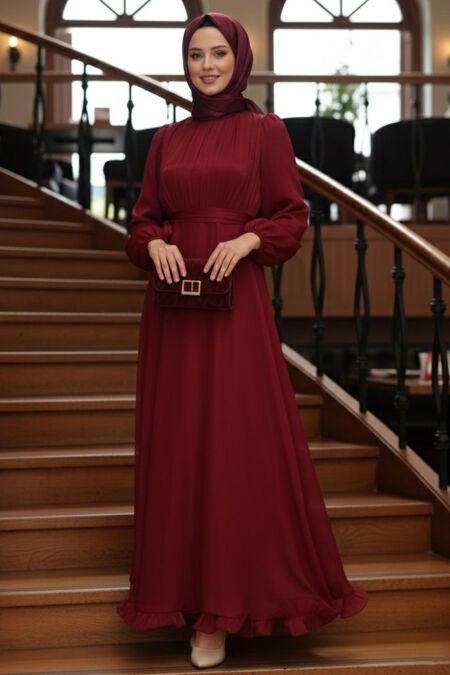 Modest Evening Dress - Balloon Sleeve Claret Red Modest Evening Dress 6278BR - 