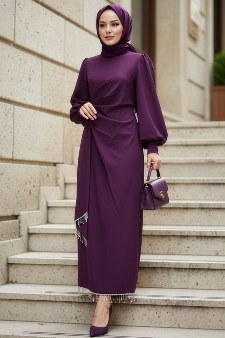 Modest Evening Dress - Balloon Sleeve Damson Modest Evening Dress 62251MU - 